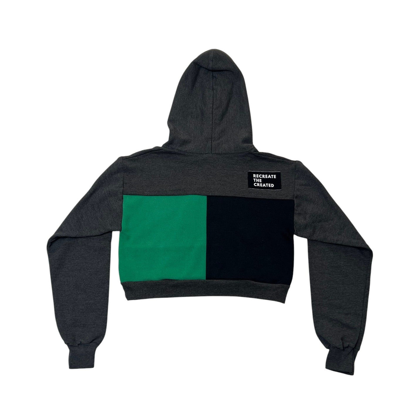 Black and green hoodie with a brand logo on the back against a white background