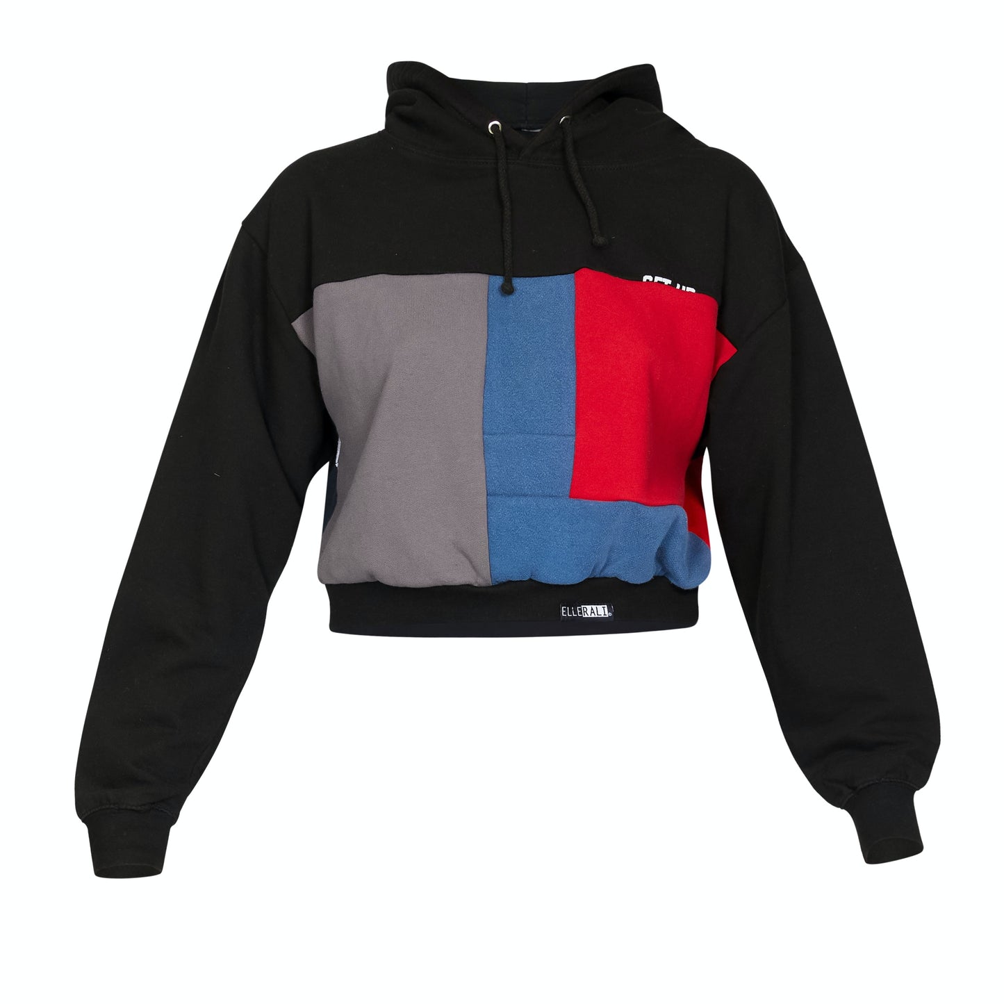 upcyled wom's crop hoodie with color blocking in red, blue, grey and black.