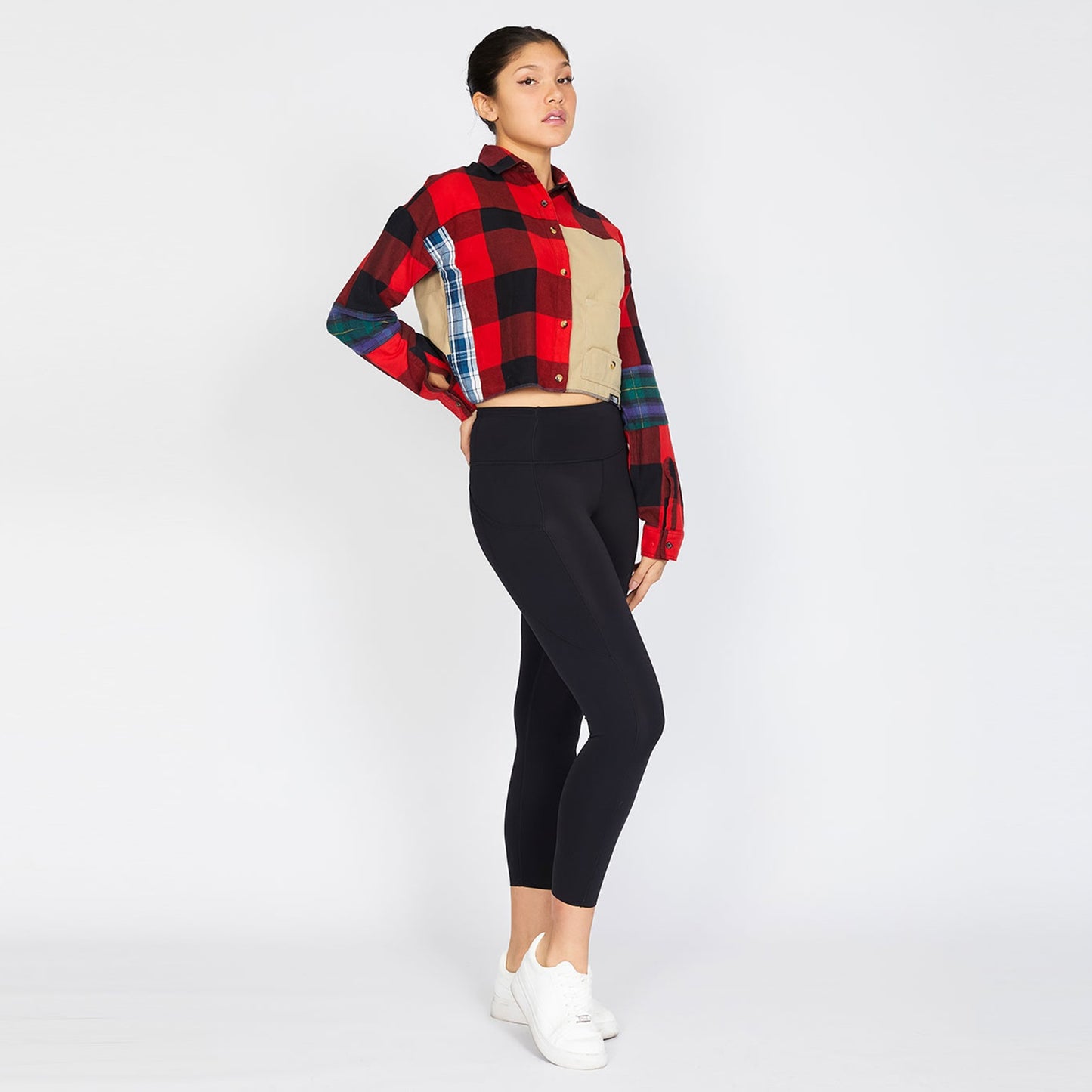 Crop Flannel Reworked in Red & Khaki (L)