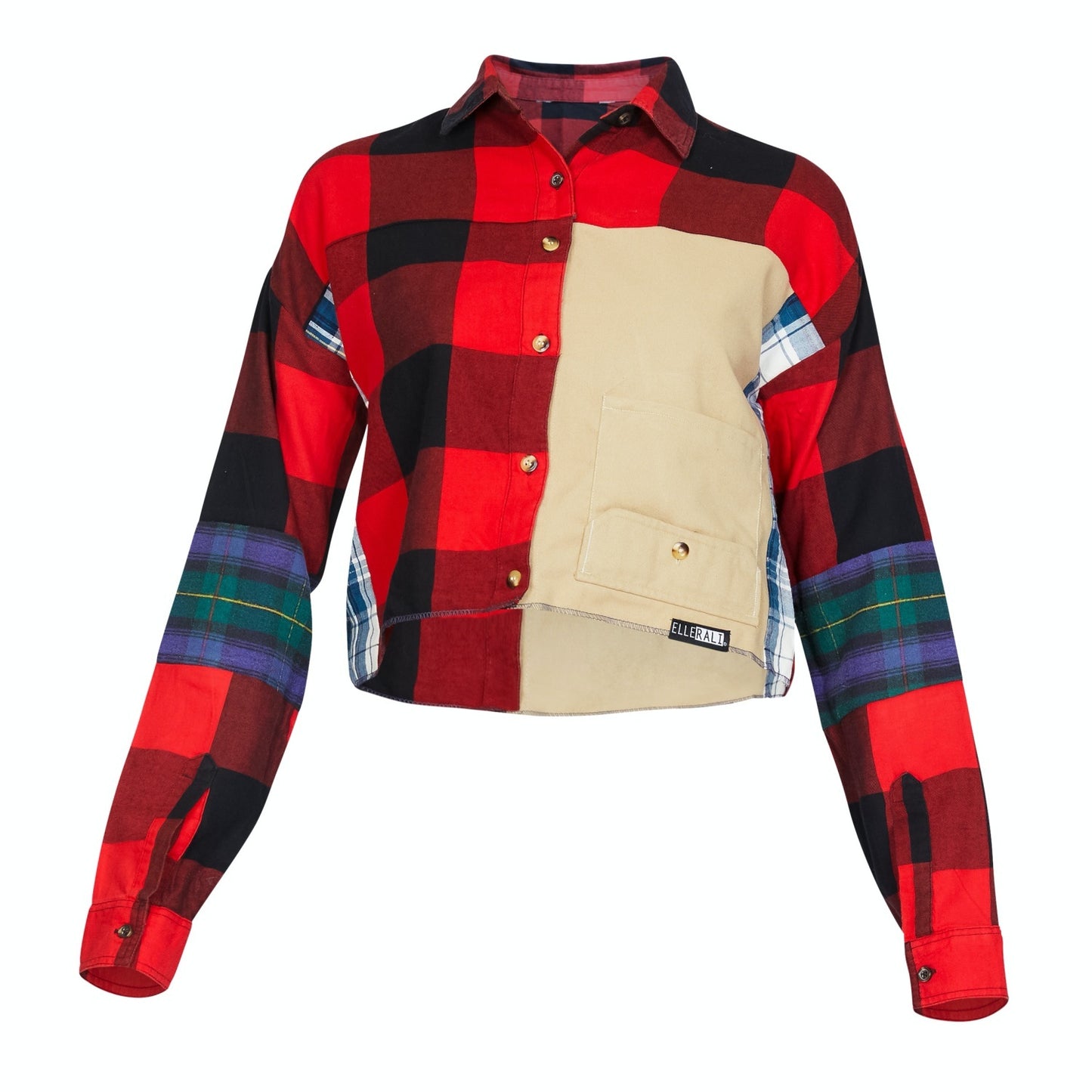 Crop Flannel Reworked in Red & Khaki (L)