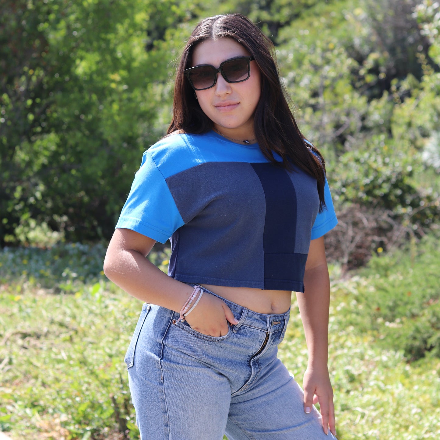 Upcycled Crop T-shirt in Cobalt Blue & Navy (S)