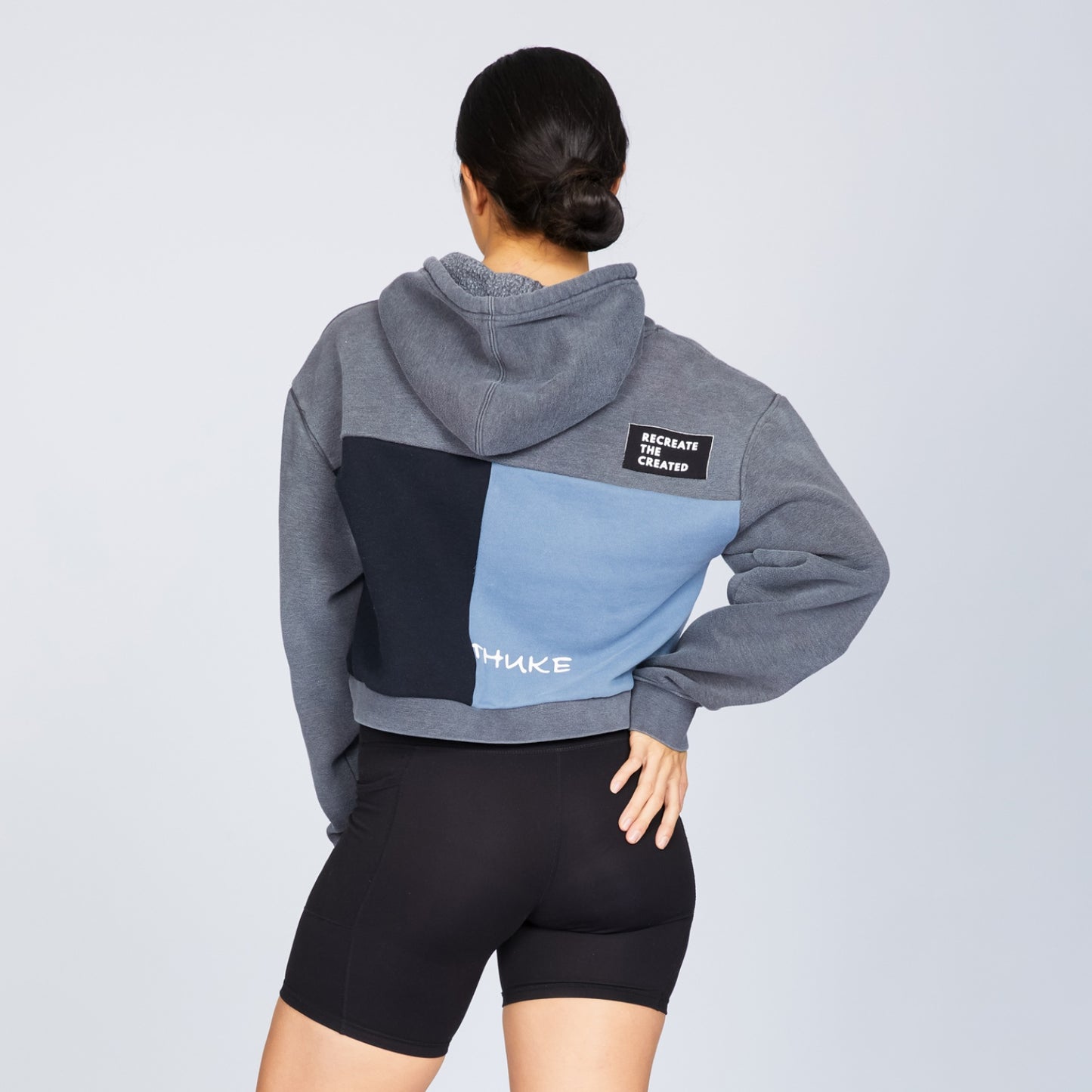Upcycled Crop Hoodie with Pocket in Baby Blue (L)
