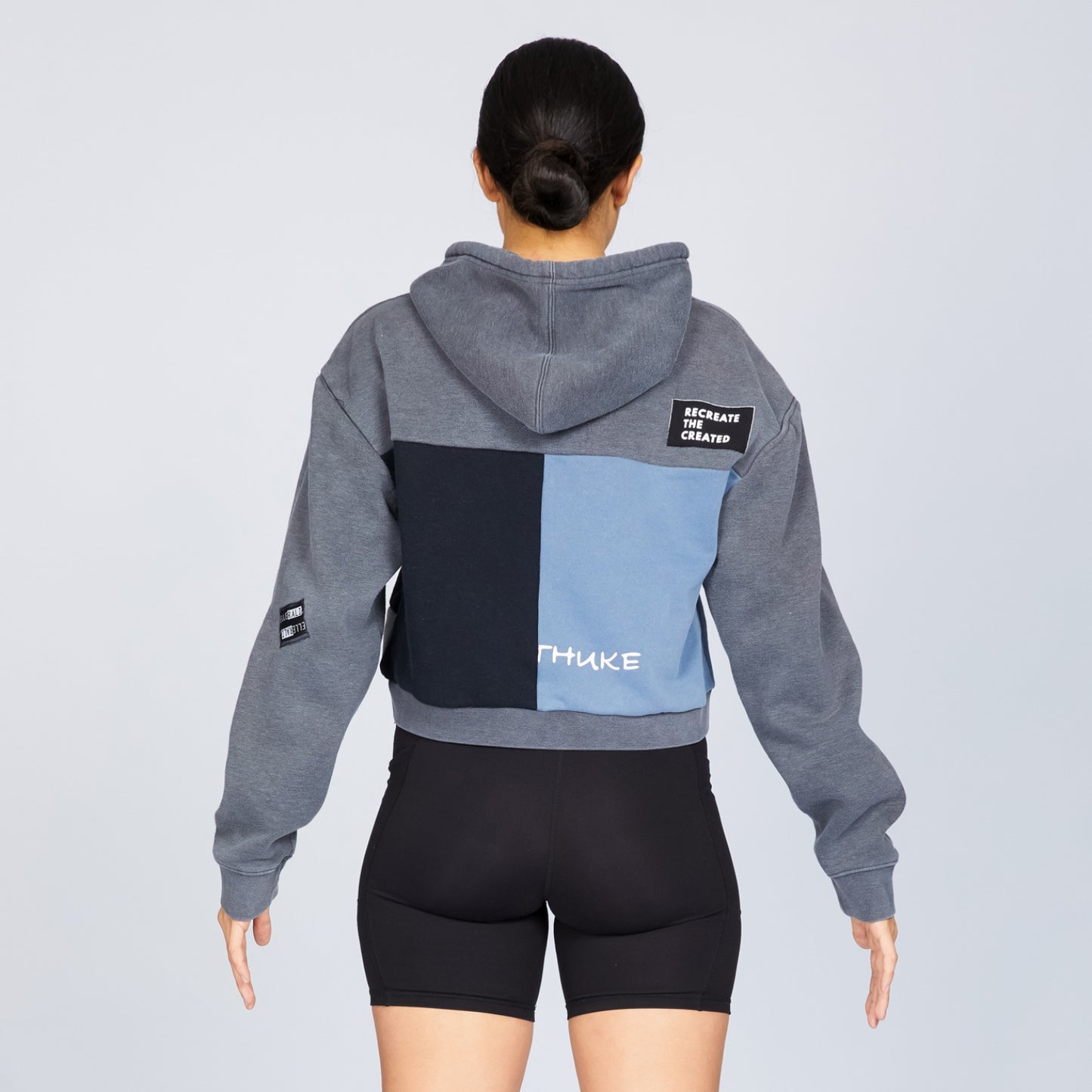 Upcycled Crop Hoodie with Pocket in Baby Blue (L)