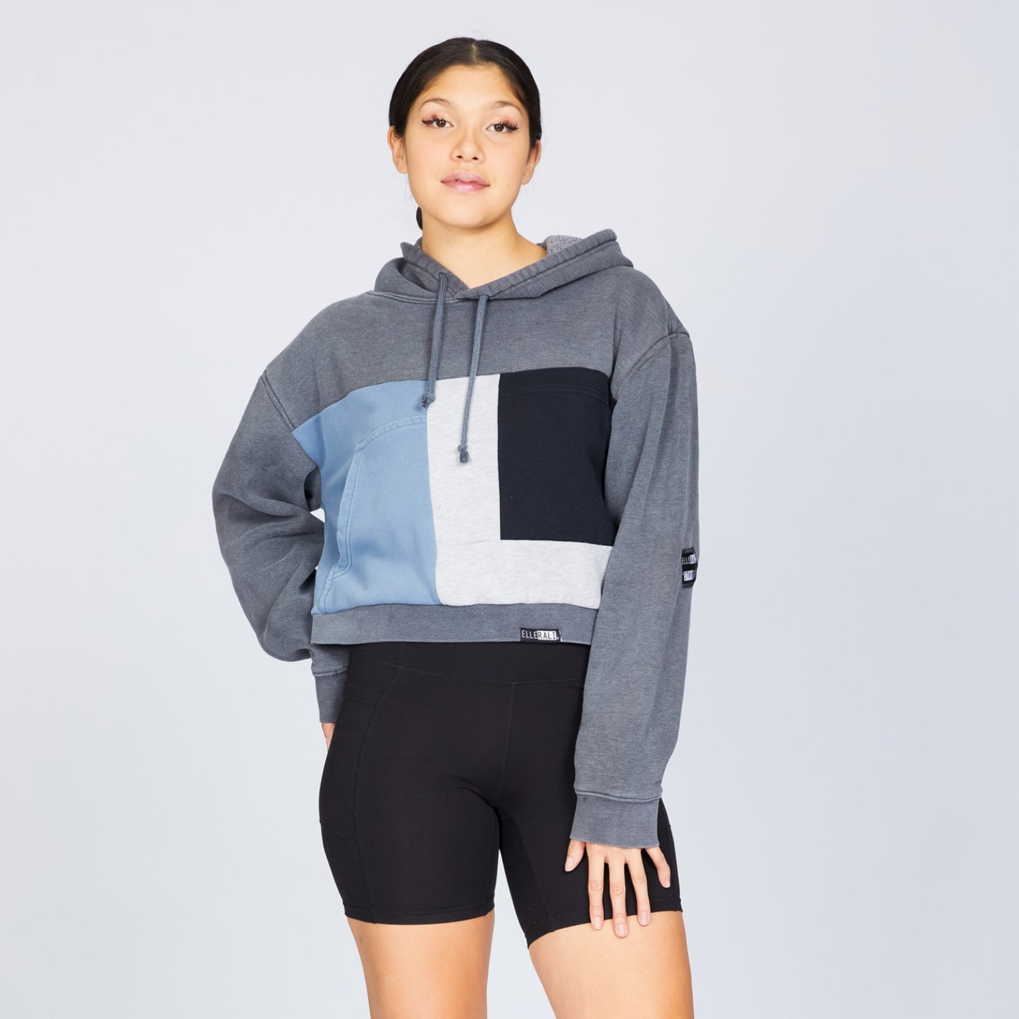 Upcycled Crop Hoodie with Pocket in Baby Blue (L)