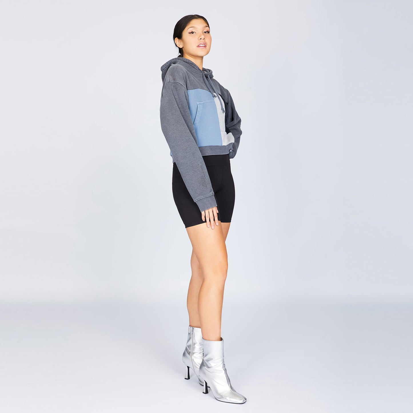 Upcycled Crop Hoodie with Pocket in Baby Blue (L)