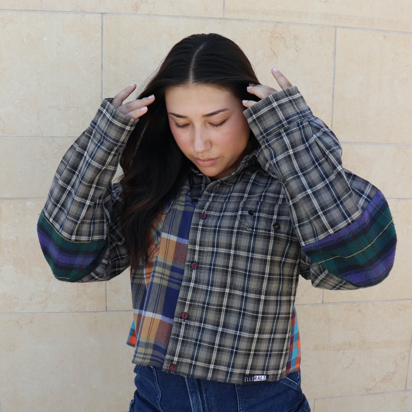 Crop Flannel Reworked in Grey & Orange (L)