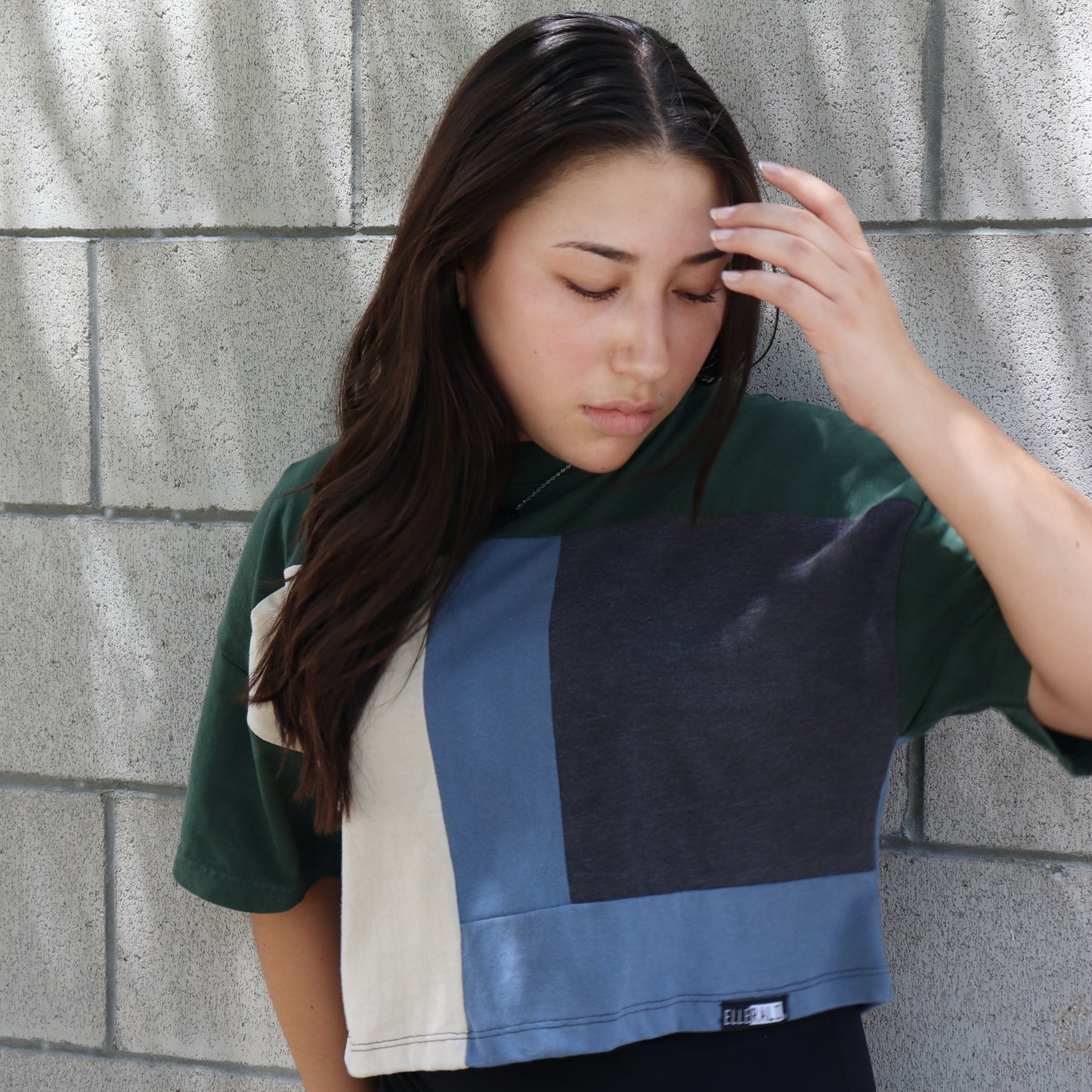 Remade Crop T-shirt in Forrest & Denim (L)