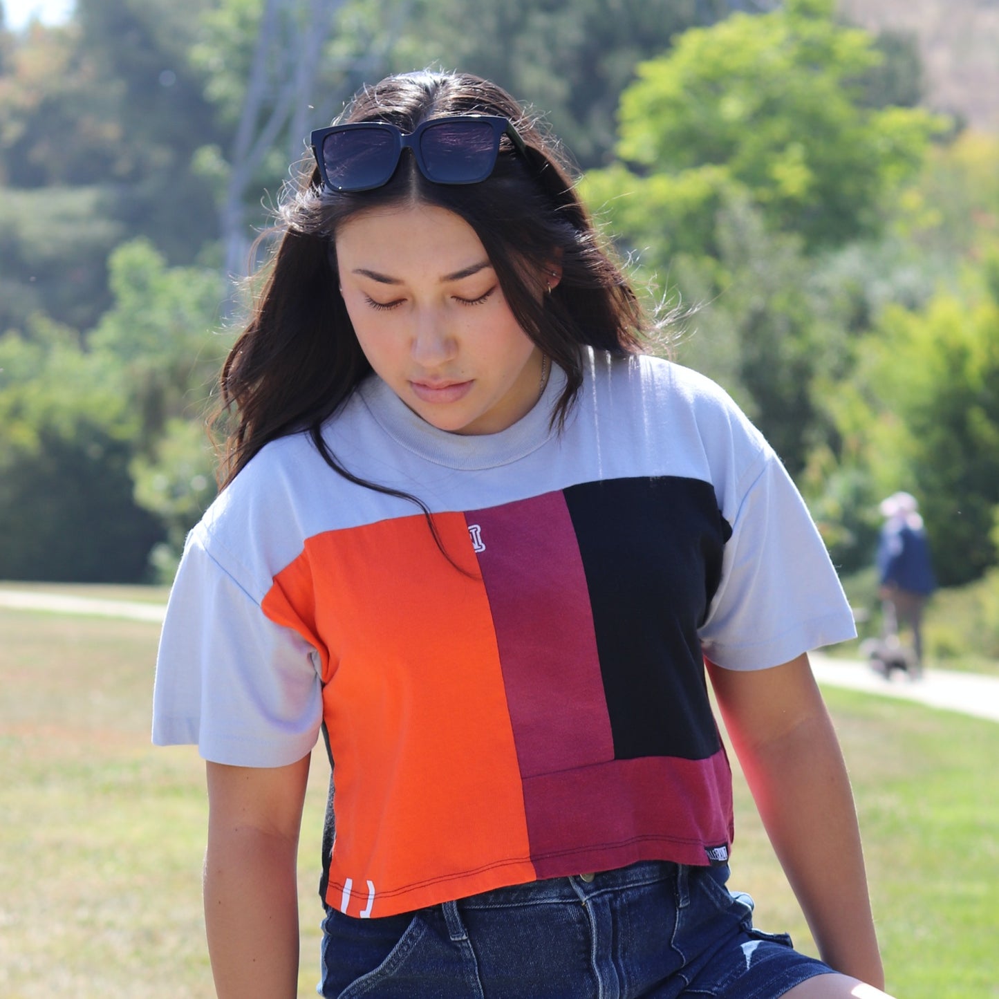 Remade Crop T-shirt in Slate & Maroon (M)