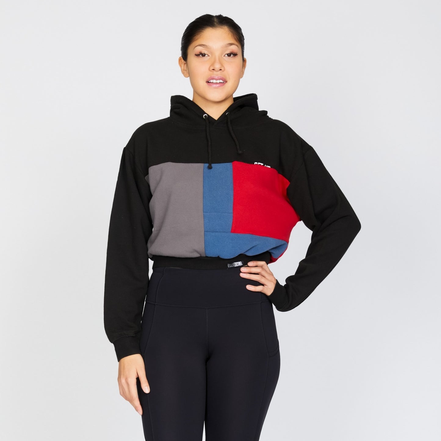 Upcycled Crop Hoodie in Black & Sea (L)