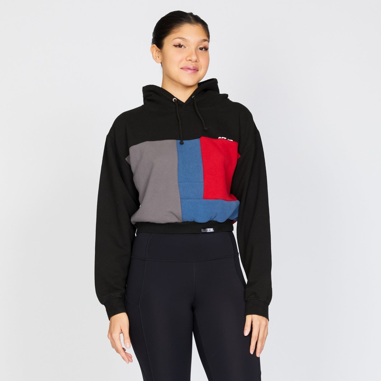 Upcycled Crop Hoodie in Black & Sea (L)