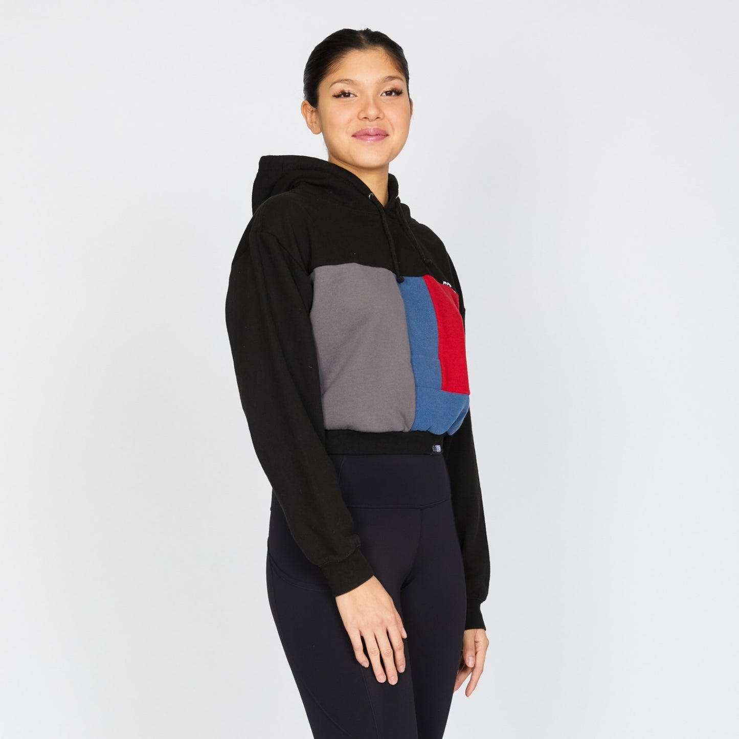 Upcycled Crop Hoodie in Black & Sea (L)