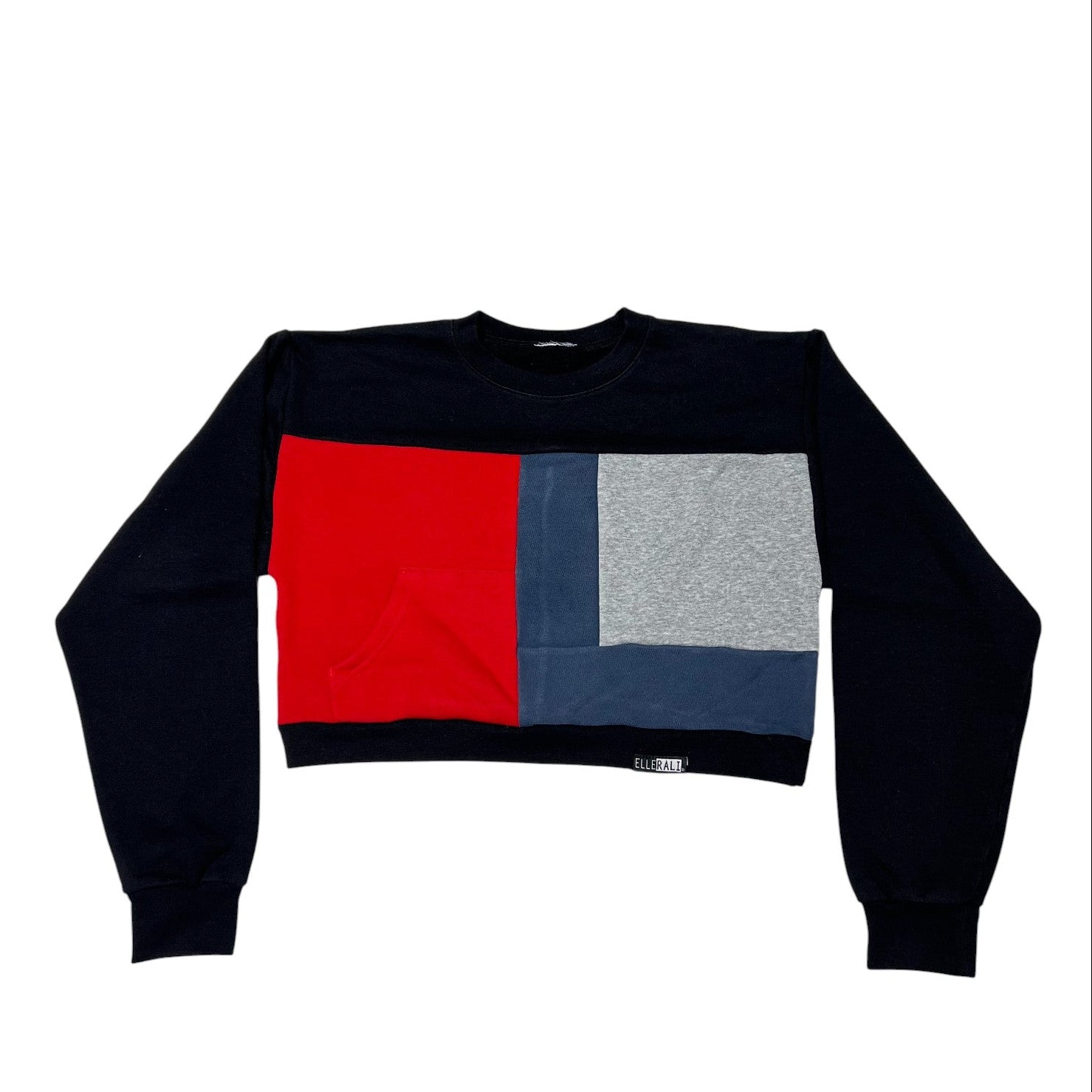 Black sweater with a colorful geometric design on a white background