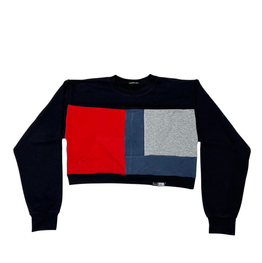 Black sweater with a colorful geometric design on a white background