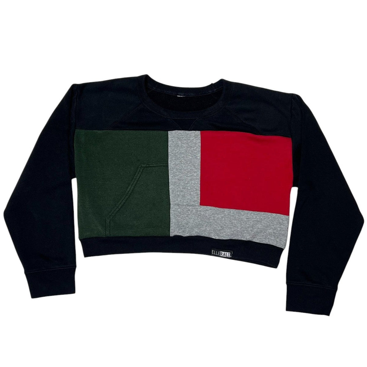 Color-blocked sweater with green, red, and gray sections on a white background