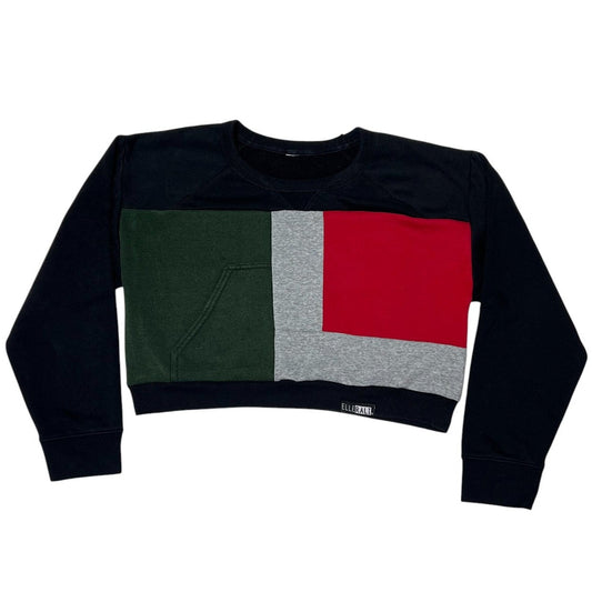 Color-blocked sweater with green, red, and gray sections on a white background