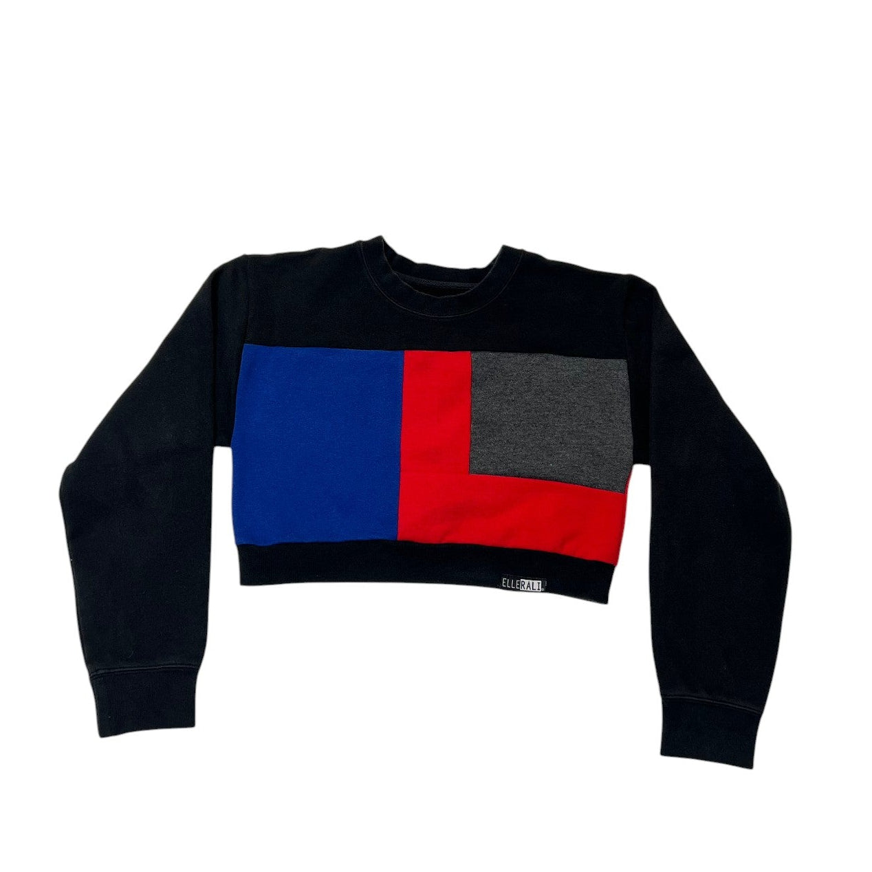 Black sweater with a colorful geometric design on a white background