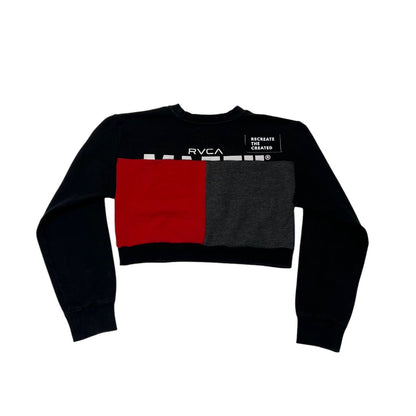 Black cropped sweatshirt with red and gray design on a white background