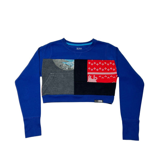 Blue cropped sweatshirt with a colorful graphic on a white background