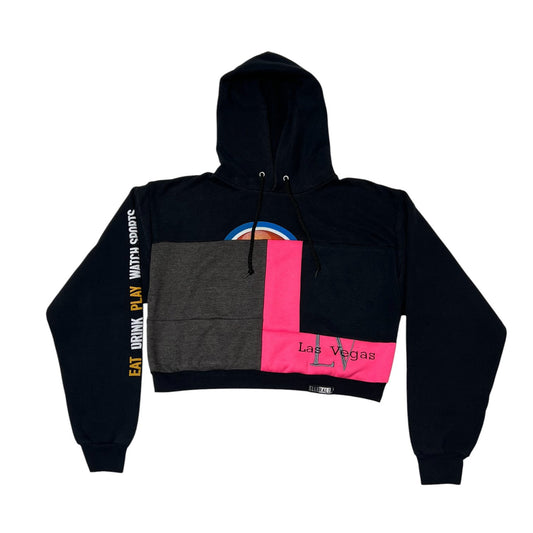 Crop Hoodie Sweatshirt in Black & Pink (L)