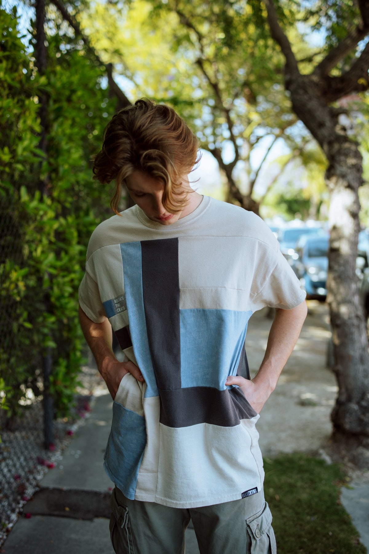 Founder's Originals Reclaimed Oversize T-shirt in Creme, Blue & Grey w/ Pockets