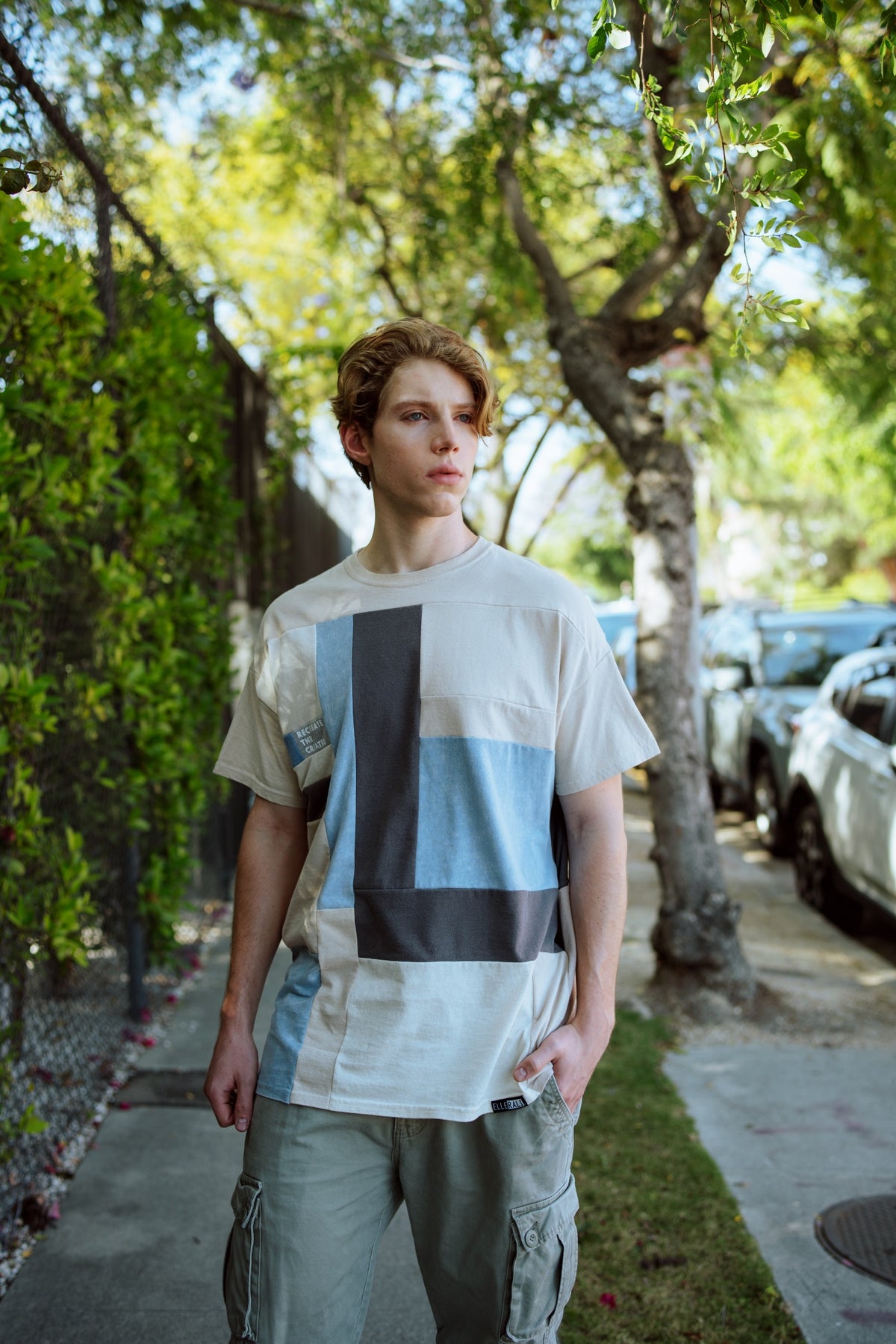 Founder's Originals Reclaimed Oversize T-shirt in Creme, Blue & Grey w/ Pockets