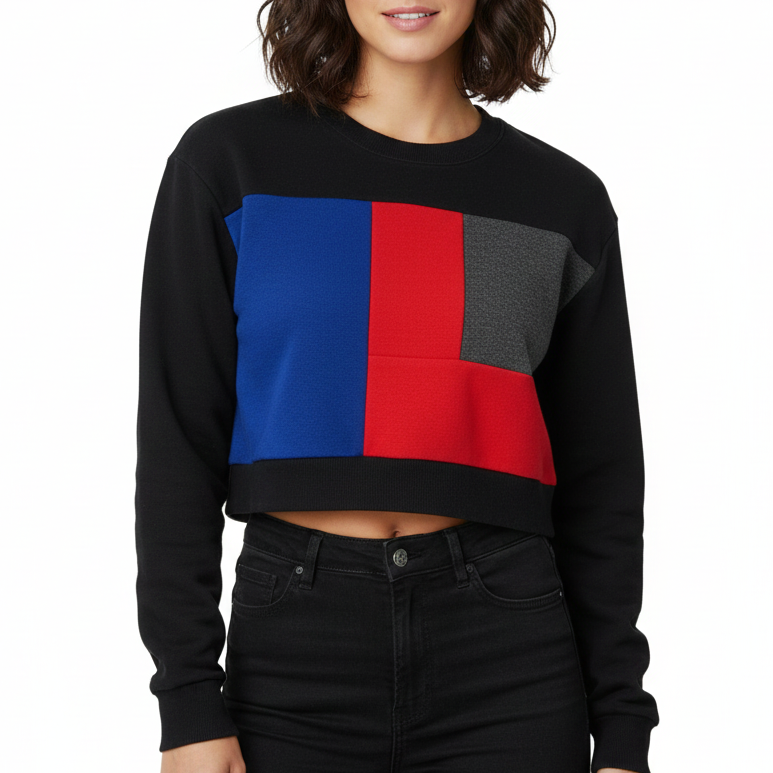 Woman wearing a black sweater with a colorful geometric design on a white background