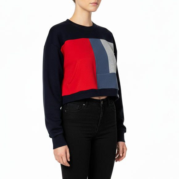 Crop Crewneck Sweatshirt in Black, Blue, Red & Grey (L)
