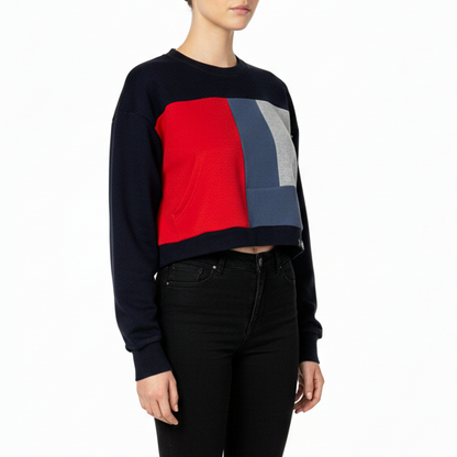 Crop Crewneck Sweatshirt in Black, Blue, Red & Grey (L)