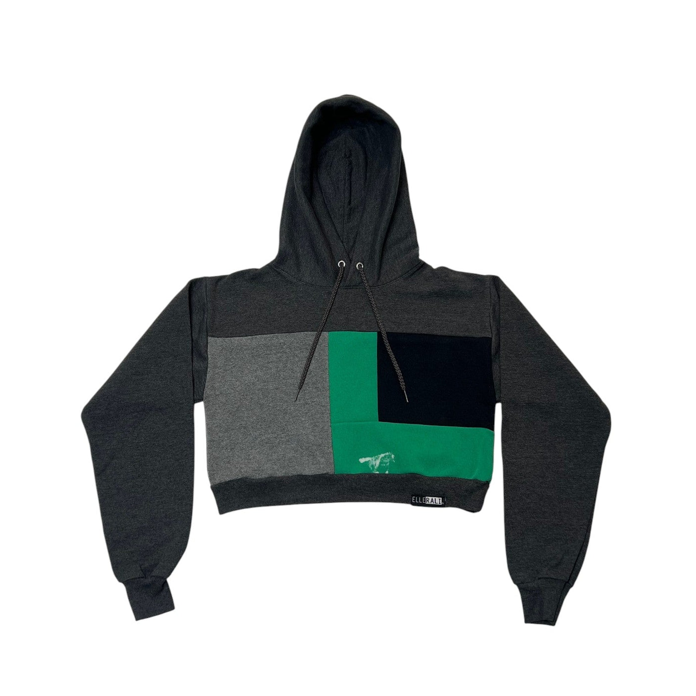 Hoodie with black, gray, and green color block design on a white background