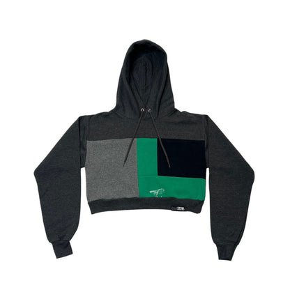 Hoodie with black, gray, and green color block design on a white background