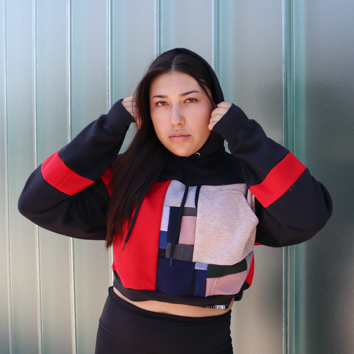 Reworked Crop Hoodie with Pocket in Black & Red (L)