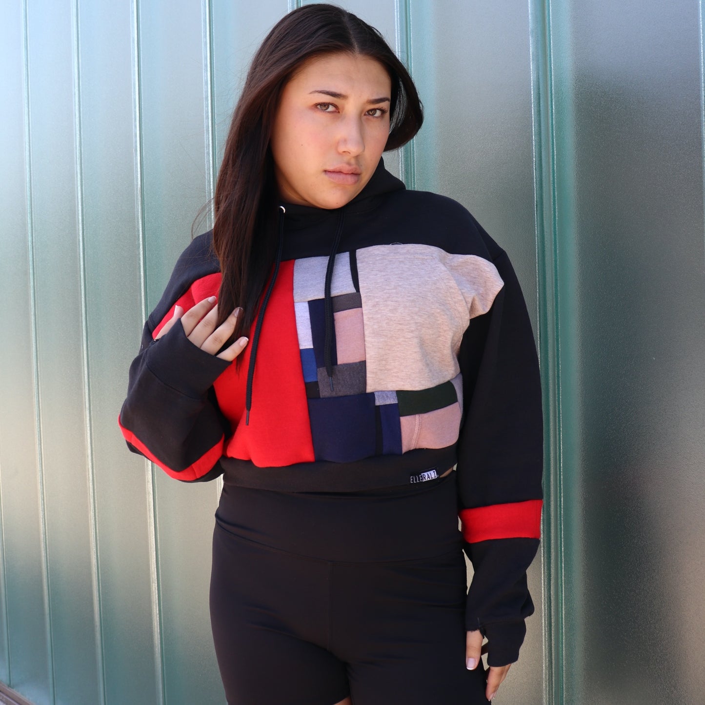 Reworked Crop Hoodie with Pocket in Black & Red (L)