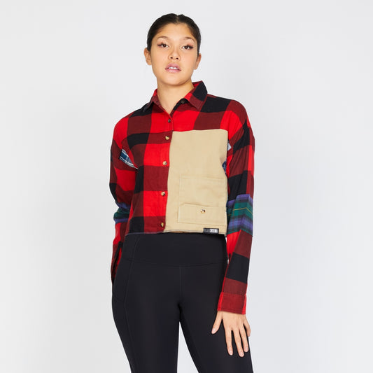 Crop Flannel Reworked in Red & Khaki (L)