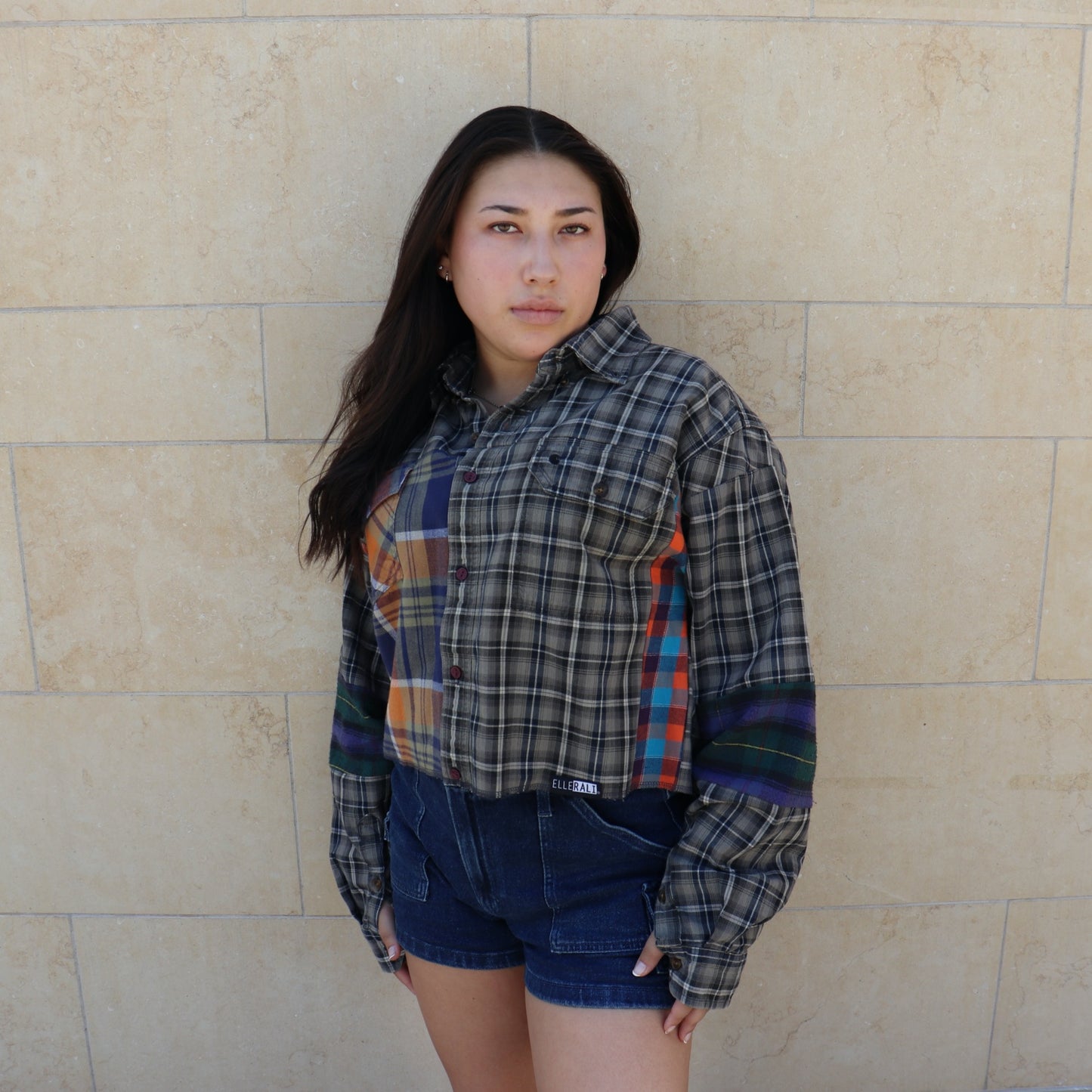 Crop Flannel Reworked in Grey & Sunrise (L)