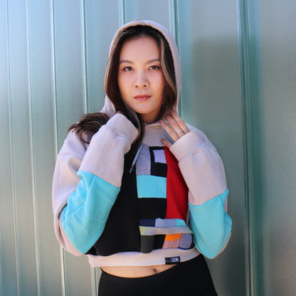 Upcycled Crop Hoodie with Pocket in Cream & Teal (L)