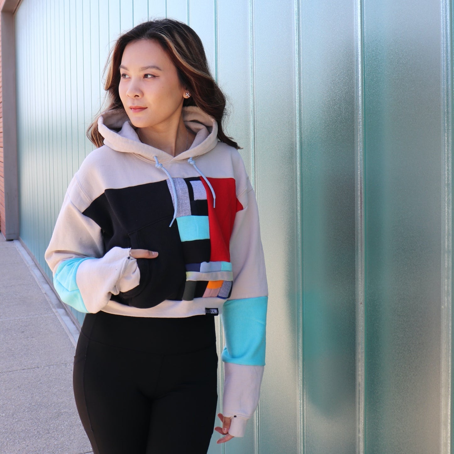 Upcycled Crop Hoodie with Pocket in Cream & Teal (L)